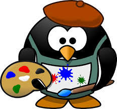 Penguin in art smock with a paint palette and paintbrush 